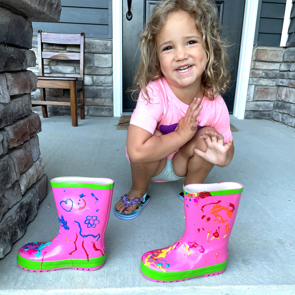 Little Pals Paint Your Own Wellies Rain Boots Pink with Green Trim Kids US Size 9.5