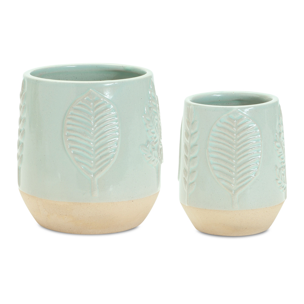 Two-Tone Porcealin Planter with Leaf Design (Set of 2)