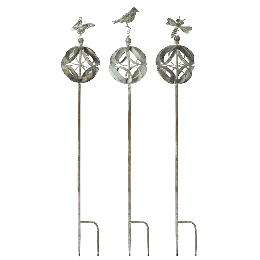 Ornamental Metal Garden Stake with Bird and Insect Accents (Set of 3)