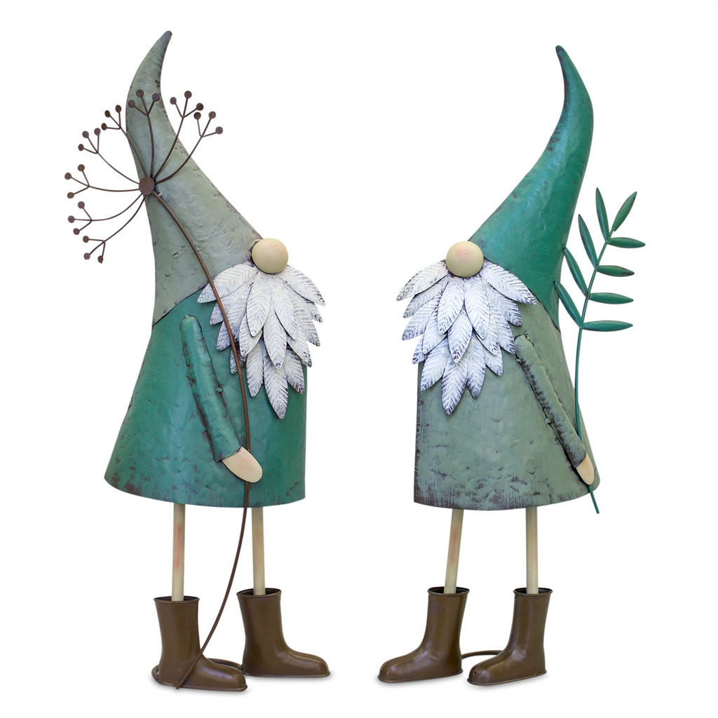 Iron Metal Standing Garden Gnome with Flower (Set of 2)