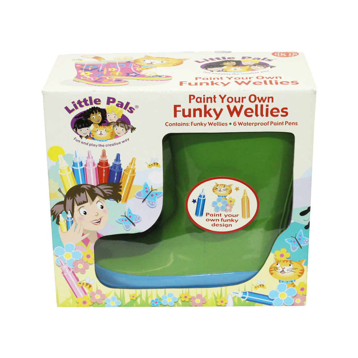 Little Pals Paint Your Own  Wellies Rain Boots Green with Blue Trim Kids US Size 9.5