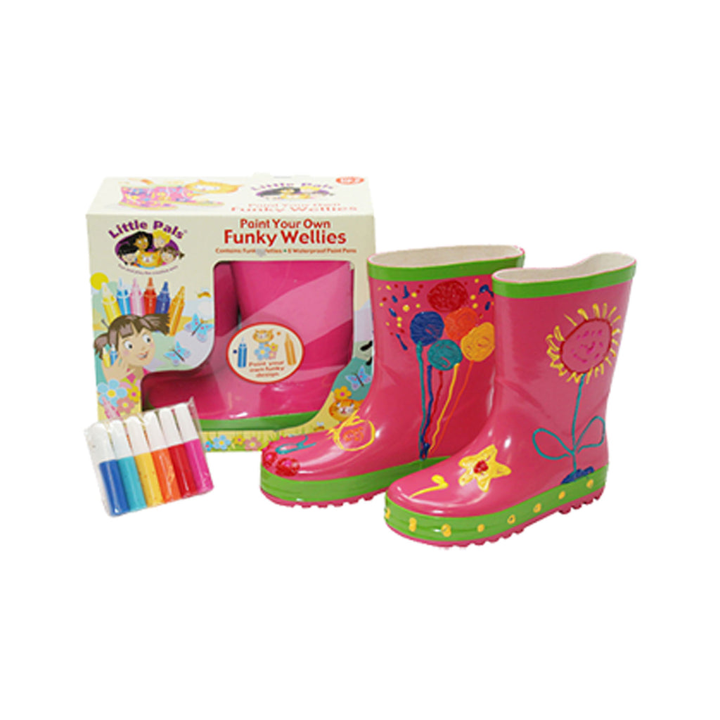 Little Pals Paint Your Own Wellies Rain Boots Pink with Green Trim Kids US Size 9.5